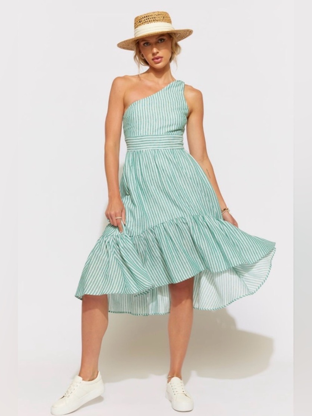 Francesca’s collection One-Shoulder Green Stripe Midi Dress Size S